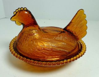 Indiana Glass Amber/brown Chicken Hen On Nest In Basket Covered Candy Dish