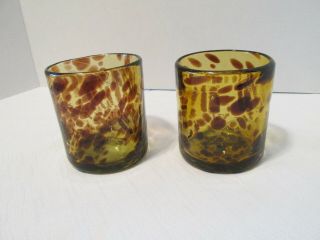 Two Tortoise Shell Glasses,  Vintage,  Hand Blown,  Amber And Brown,  Euc