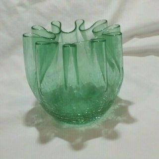 Vintage Mid Century Modern Blenko Green Crackle Glass Pinched Rim Vase