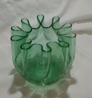 Vintage Mid Century Modern Blenko Green Crackle Glass Pinched Rim Vase 2