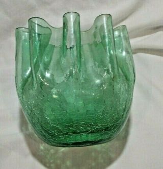 Vintage Mid Century Modern Blenko Green Crackle Glass Pinched Rim Vase 3