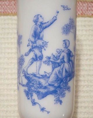 Set Of (4) Vintage White Milk Glass Pedestal Cups W/blue Toile Victorian Scene.
