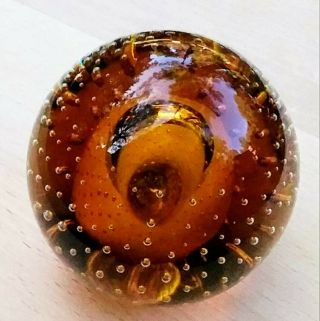 Vintage Amber Art Glass Paperweight Crystal Ball With Controlled Bubbles