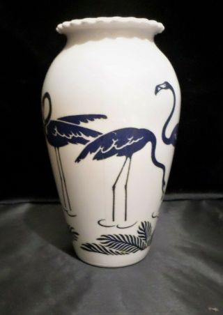 Vintage Milk Glass Vase With Blue Flamingos 9  T