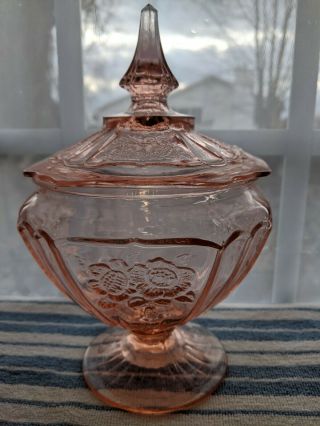 Anchor Hocking Mayfair Open Rose Covered Candy Jar Pink Depression Glass