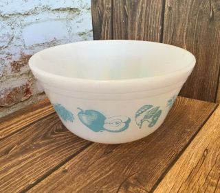 Vintage Federal Glass Fruit Fare Turquoise On White 6” Small Mixing Bowl Aqua
