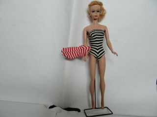 Vintage 1958 Mattel Barbie 7 Blonde Ponytail Black & Red Striped Swimming Suit