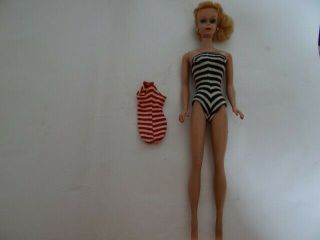 Vintage 1958 Mattel Barbie 7 Blonde Ponytail Black & Red Striped Swimming Suit 3