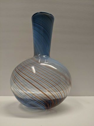 Vintage Mid - Century Modern Hand Blown Art Glass Vase Blue Swirl Polished Pontil