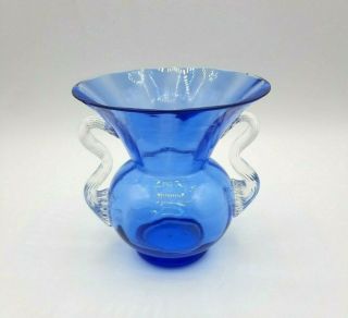 Vintage Studio Art Glass Cobalt Blue Vase W/ Clear Applied Handles