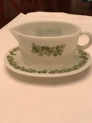 Vintage Pyrex Gravy Boat With Underplate Spring Blossom Green Crazy Daisy 2 Pc.