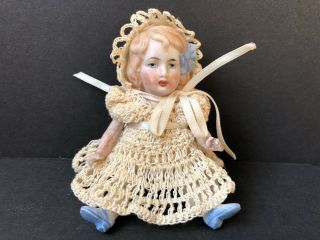Antique German 4” All Bisque Mignonette Doll Molded Bow