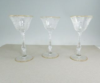 Vintage Cambridge Wildflower With Gold Trim Wine Cocktail Glass Set Of 3
