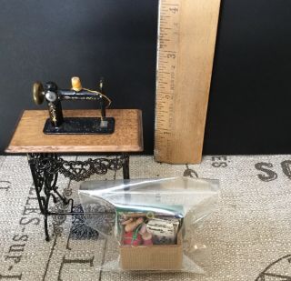 Ron Bufton Dollhouse Miniature Treadle Sewing Machine And Sewing Basket