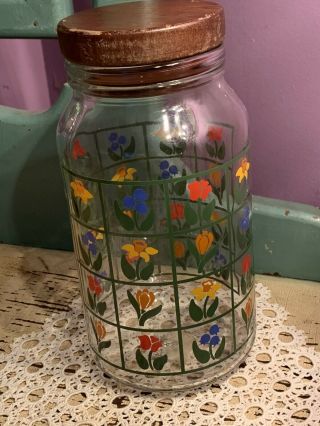 Vintage Anchor Hocking " Nina " Glass Canister W/lid And Painted Flowers 9 1/2”