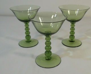 Set Of 3 Vintage Green Glass Bubble Stem Champagne/dessert Glasses