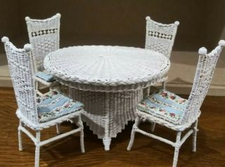 Rhea Strange White Wicker Table And Chairs - Artisan Dollhouse Miniature 1 1987