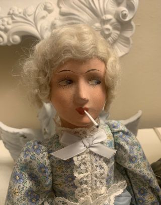 Antique German Smoker Boudoir Doll Paper Mache Composite Mohair Wig 21”