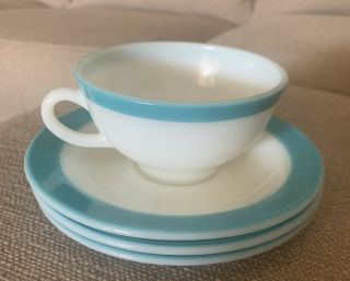 Vintage Pyrex Aqua Spray Border Cup & Saucer Set Turquoise Blue Tea / Coffee