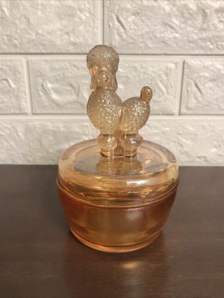 1950s Jeannette Marigold Iridescent Glass Poodle Dog Powder Jar Trinket Box Dish