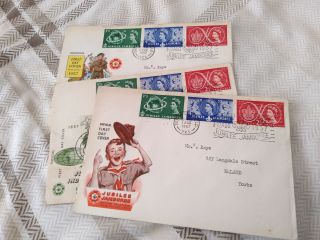 3 X 1957 Boy Scout Jubilee Jamboree Fdc Sutton Coldfield Indaba Camp Rover Moot