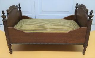 Antique Wood Doll Bed With Finials Foot Head Board Ticking Mattress 20 "