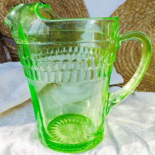 Vintage Green Vaseline Glass Water Pitcher Thumbprint Bands