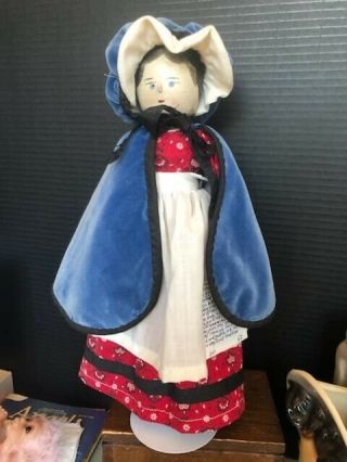 12” Vintage Wooden Jointed Peg Doll,  W/blue Cape & Red Dress