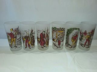 Set Of 6 Vintage Hazel Atlas Frosted Glasses Charles Dickens Story Characters