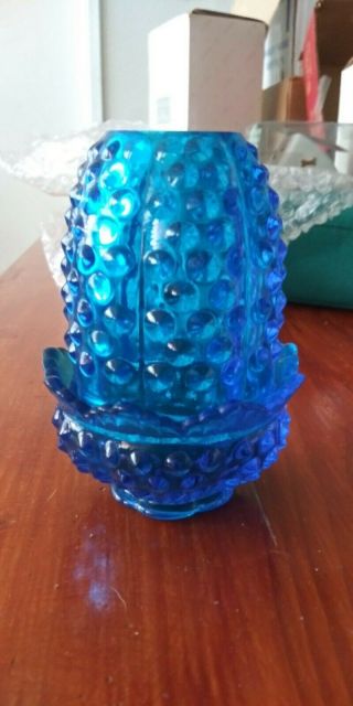 Vintage Fenton Lamp Blue Opalescent Hobnail Candle Holers 2
