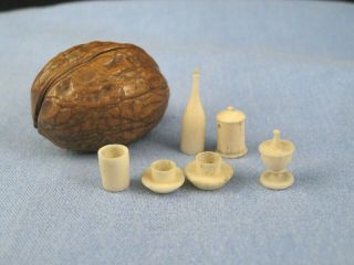 Antique Walnut Box & Miniature Tableware Cup Saucer Bottle Dolls House Toy Game