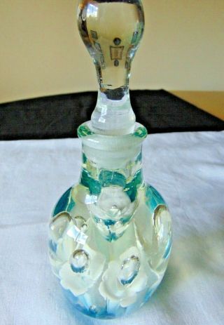 St Clair Perfume Bottle/paperweight - Clear W/white Trumpet Flowers/blue Flashes