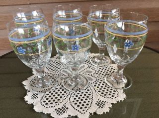 Vintage Set Of 6 Libbey Pansy Flowers Goblet Drinking Glasses Blue Yellow Green