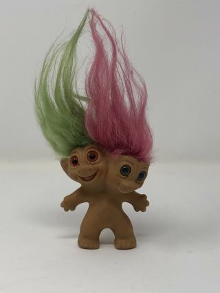 Vintage 1965 Uneeda 3 “ Two Headed Troll Doll,  Pink & Green Hair