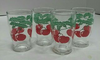 Set Of 4 Vintage Cherry Juice Glasses - Clear With Red Cherries 3.  75 " X 2.  375 "