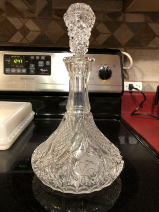 Vintage Etched Clear Cut Crystal Floral Rose Flat Bottom Decanter With Stopper