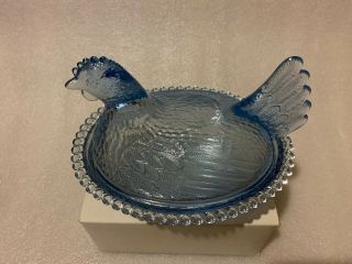 Indiana Glass Hen On Nest Clear Blue Chicken Candy Dish Bowl With Lid