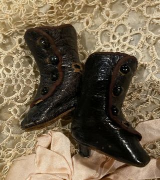 Antique French Fashion Doll Boots,  Leather,  Side Button,  Marked 0,  1 3/4 In