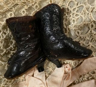 Antique French Fashion Doll Boots,  Leather,  Side Button,  Marked 0,  1 3/4 IN 2
