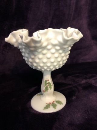 Vtg Fenton Christmas Compote Hobnail Milk Glass Painted Holly Signed B Phillips