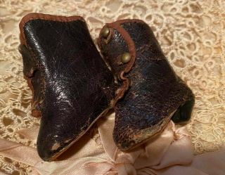 Antique French Fashion Doll Boots,  Leather,  Side Button,  Marked 1,  1 3/4 In