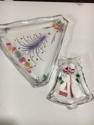 2 Mikasa Glass Christmas Platters Triangular 10 " Pastel Tree And 6” Bell