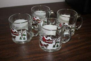 Vtg Libbey Christmas Winter Scene Horse Sleigh Mugs 4 Clear Usa Snow
