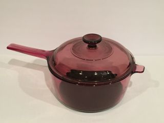 Vintage Vision Corning Cranberry 2.  5 L Large Sauce Pan Pot Teflon Handle Lid