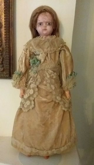 Antique Motschmann Type Wax Over Paper Mache Doll,  Wig Glass Eyes Org Dress,  18 "