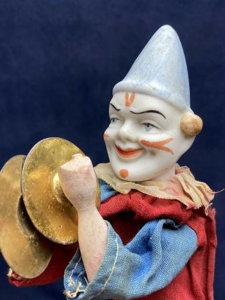 Antique 9.  5 " Bisque Mechanical Squeeze Clown Doll Toy Cymbals Orig - Germany Nr