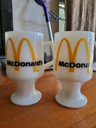 Mcdonalds Vintage Set Of 2 White Milk Glass Footed Mugs