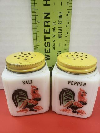 Mckee Tip City Rooster Salt & Pepper Shakers Milk Glass 2 1/2 Inches