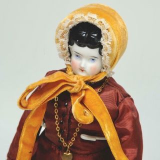 Antique Hand Painted Porcelain German Doll W/ Dress/bonnet/locket,  Late 19th C.