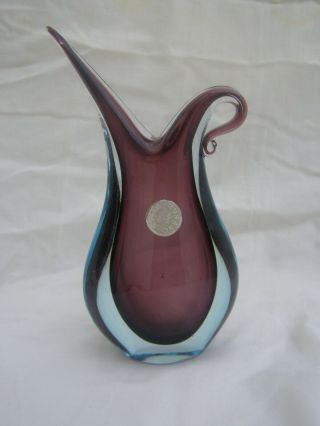 Lovely Vintage Retro Murano Cased Glass Vase.  Jug Like Narrow Spout,  Handle